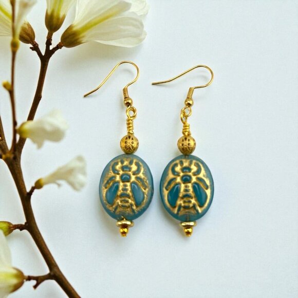 Sky Blue Gold Dusted Bee Earrings Gold Plated French Hook Ear Wires - Picture 1 of 9
